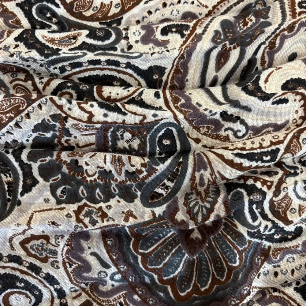 Brown Cream Paisley Infinity Scarf Pleated Classic Boho Earthy Neutral Timeless